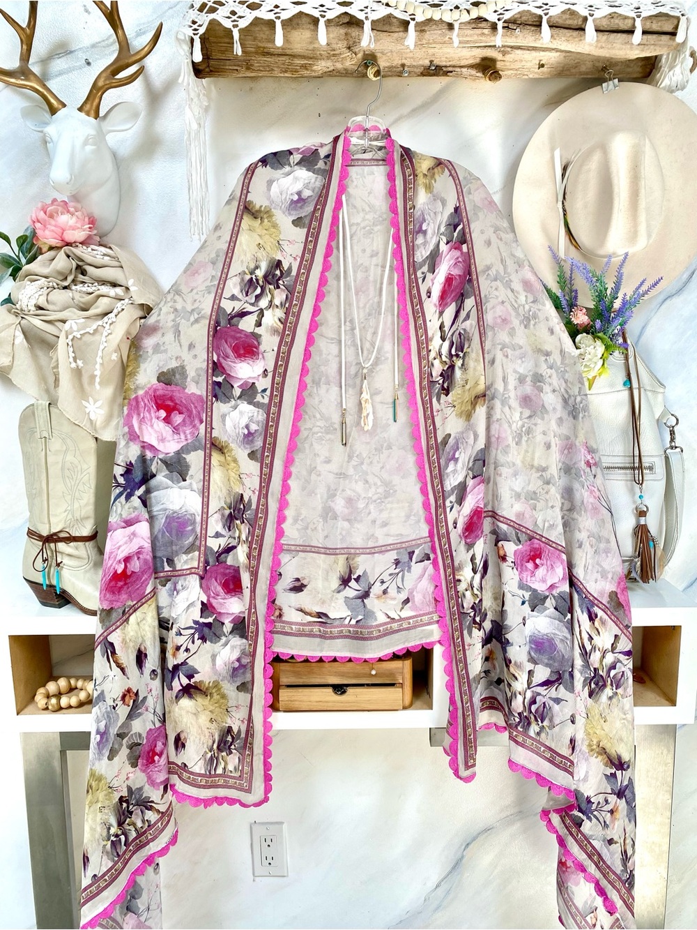 Large SILK floral boho scarf/wrap/shawl w resort vacay shabby chic beach vibe
